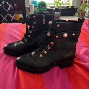 Karl Lagerfeld Black Lace-Up Ankle Boots with Pearl & Gold Accents